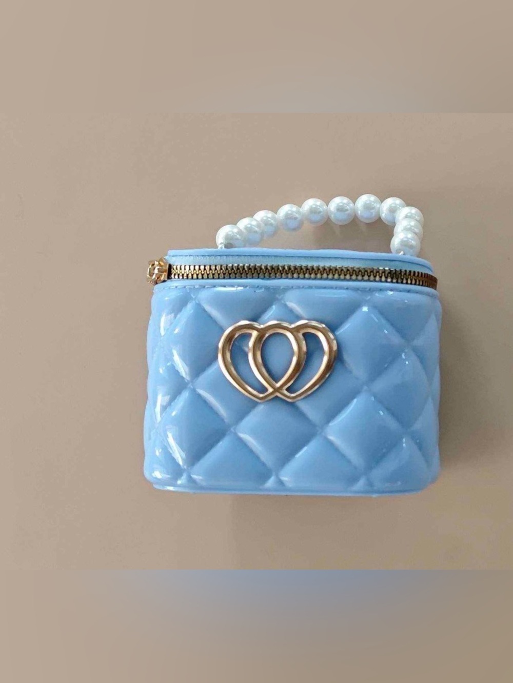 Blue Quilted Pearl-Handle Mini Bag with Gold Heart Accent
